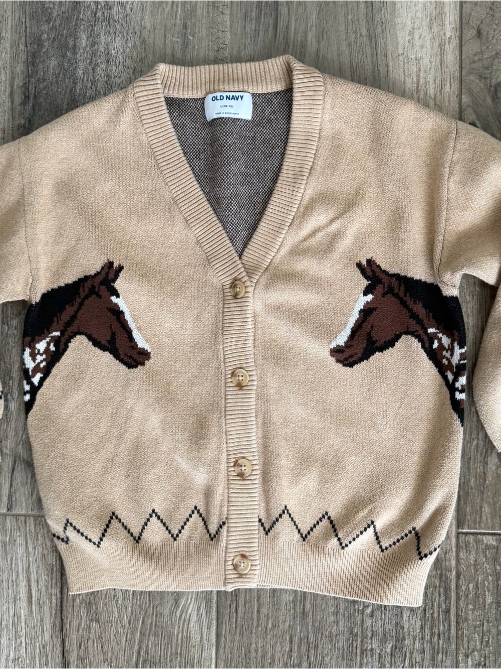 Old Navy Girls Beige Horse-Print V-Neck Cardigan